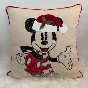 Disney Christmas Santa Mickey Mouse 20x20 Throw Pillow Tan Red Green Holidays